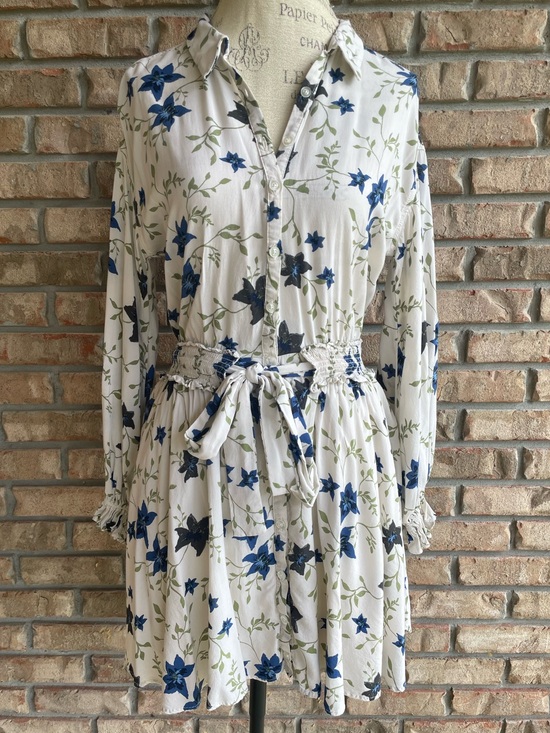 Free People Dresses & Skirts - Free People Lighten Up White Long-Sleeve Shirt Dress with Blue Floral Print.
